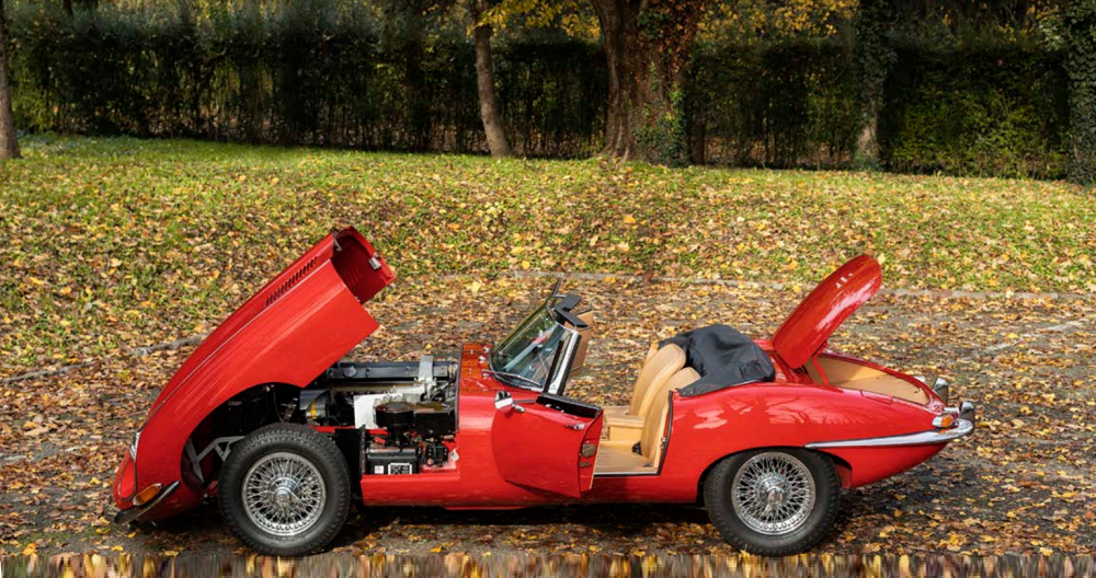 A flaming red Jaguar E-Type 4.2 Spider